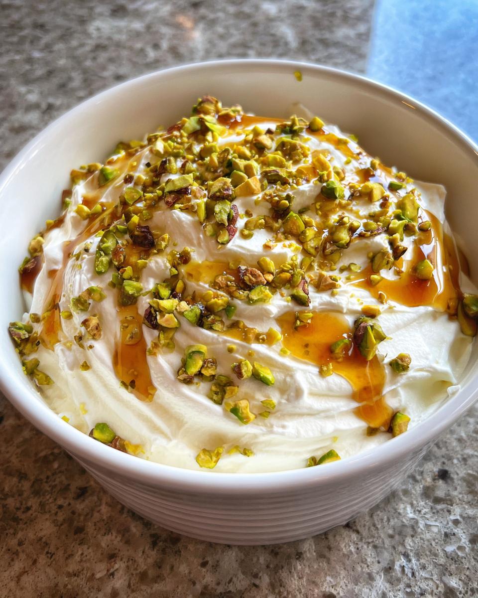 A close-up of creamy whipped feta dip topped with chopped pistachios and a drizzle of honey.