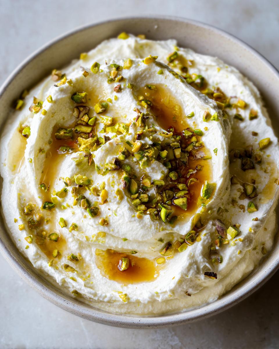 Close-up of creamy whipped feta dip swirled in a bowl, drizzled with honey and topped with chopped pistachios.