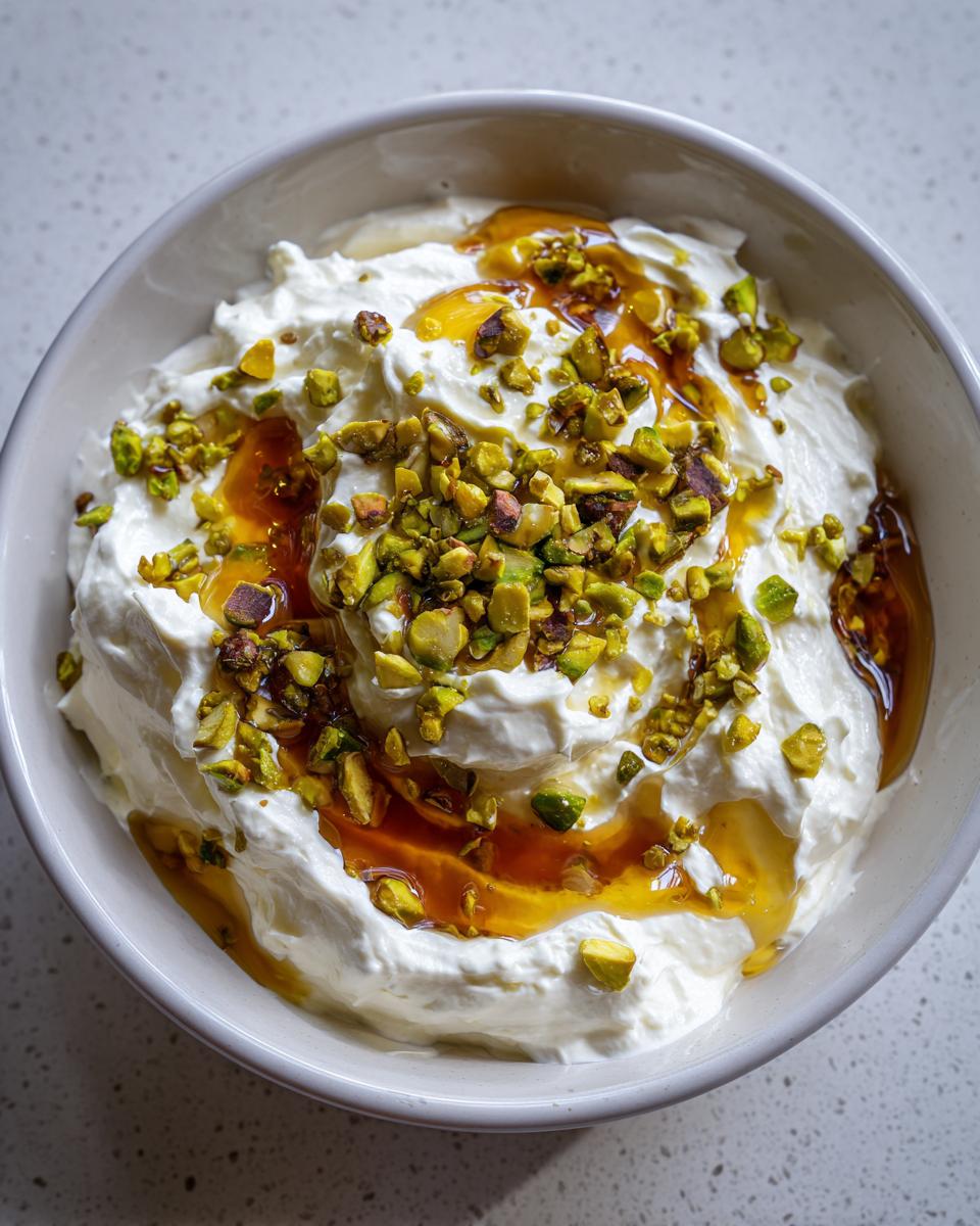 A bowl of creamy whipped feta dip drizzled generously with honey and topped with chopped green pistachios.
