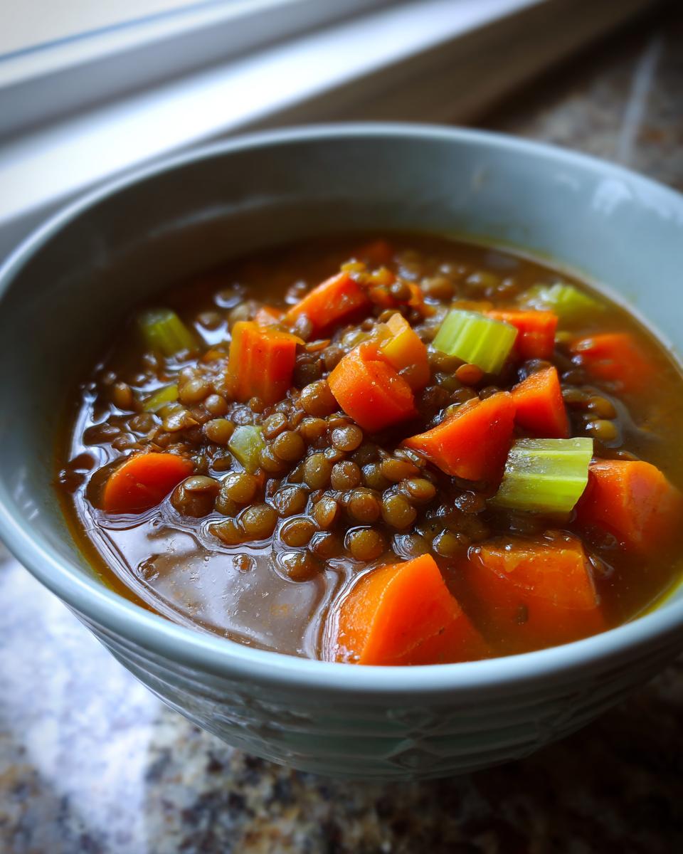 Close-up of a light blue bowl filled with rich, savory lentil soup featuring large chunks of carrots and celery.