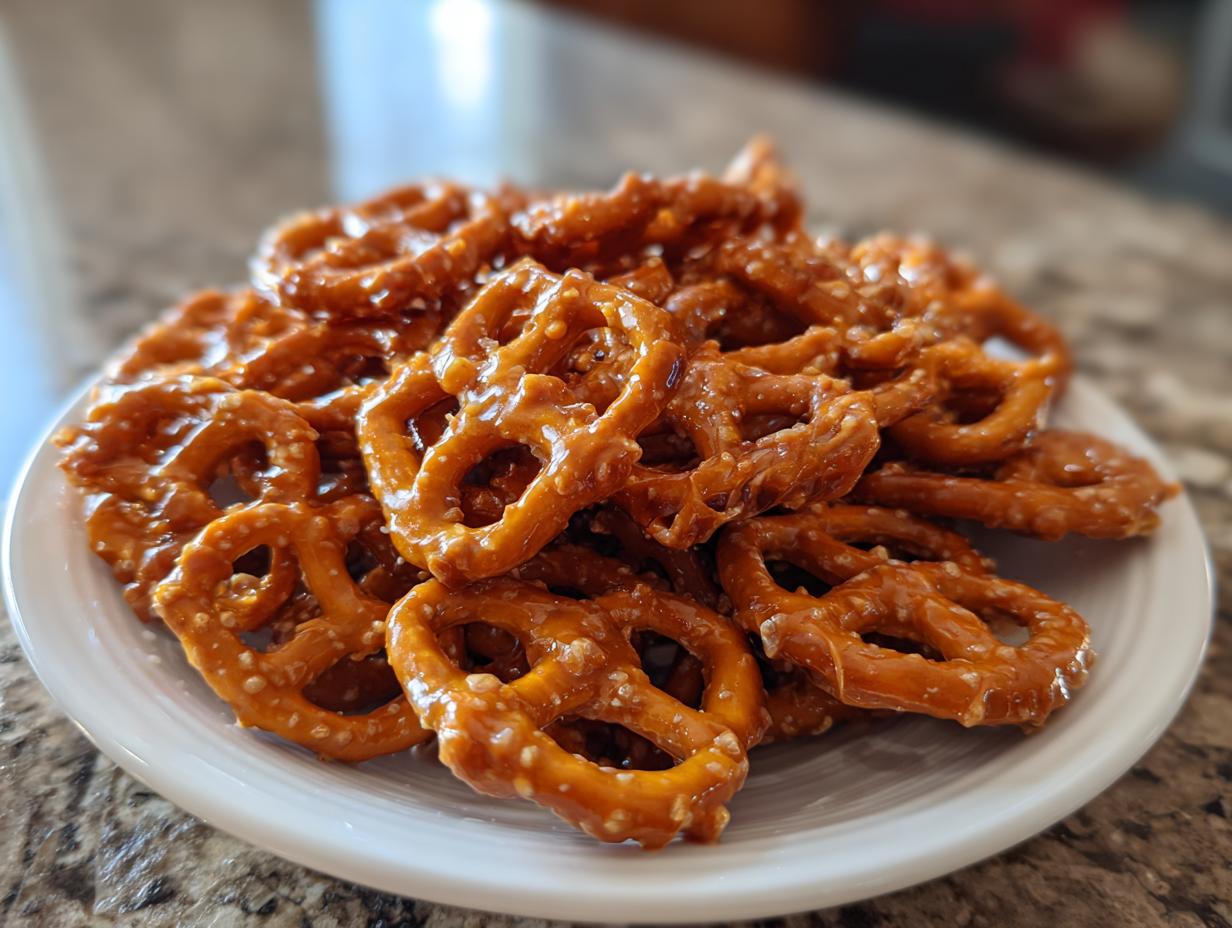 A close-up of a white plate piled high with shiny, glazed toffee pretzels, ready to eat.