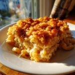 A generous serving of creamy baked mac and cheese with a golden, crunchy breadcrumb topping, served on a white plate.