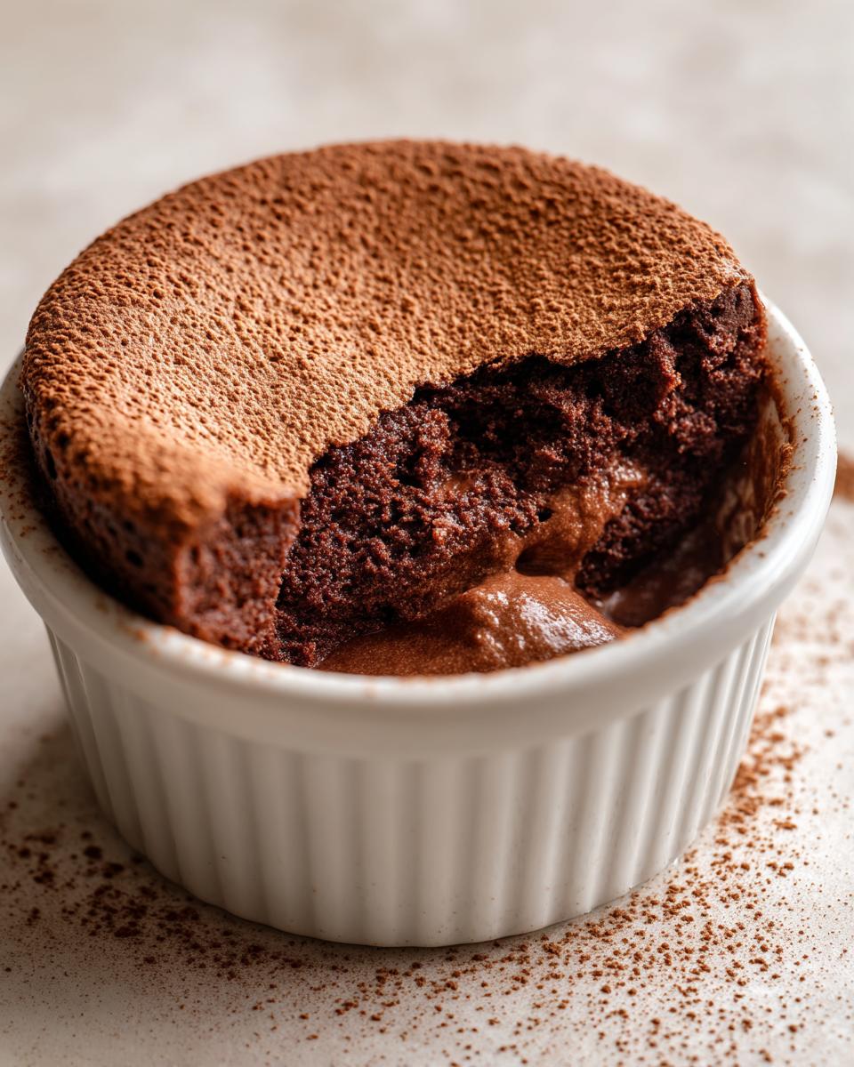Close-up of a rich, dark chocolate mousse dessert served warm in a white ramekin, dusted with cocoa powder.