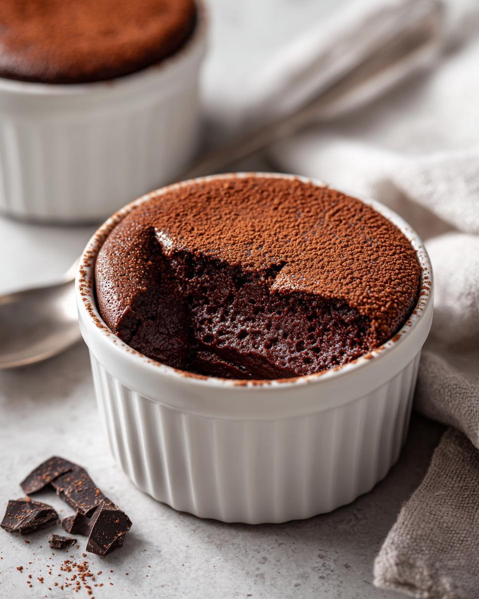 Close-up of a rich chocolate mousse dessert served in a white ramekin, dusted with cocoa powder.