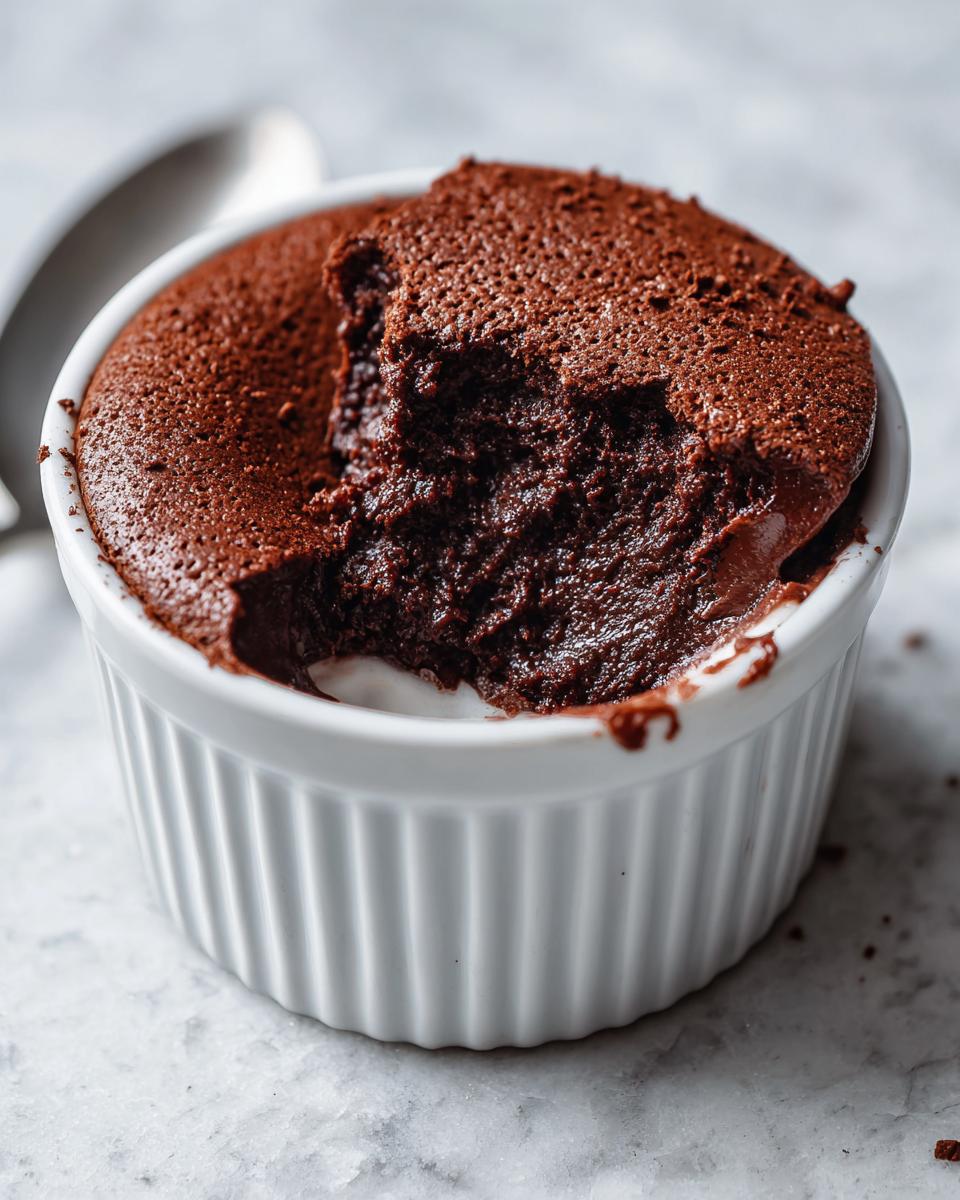 A spoonful taken out of a rich, dark chocolate mousse served in a white fluted ramekin.