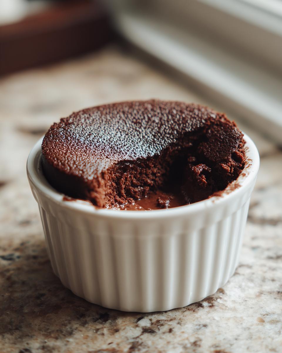 Close-up of a rich, dark chocolate mousse in a white ramekin with a bite taken out, showing the gooey center.