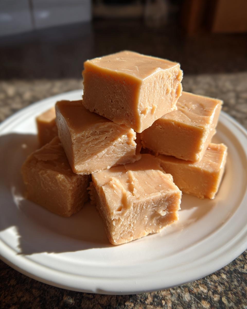 A stack of creamy, light brown peanut butter fudge squares piled on a white plate.