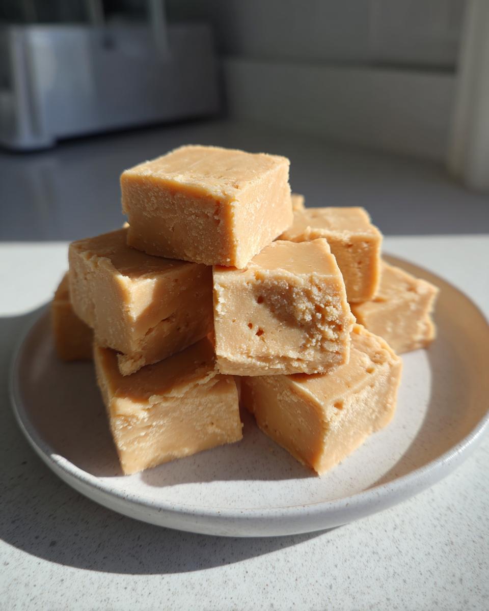 A tempting stack of creamy, light brown peanut butter fudge squares piled on a small white plate.