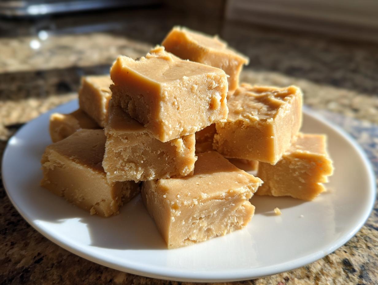 A stack of creamy, light brown peanut butter fudge squares piled high on a white plate.