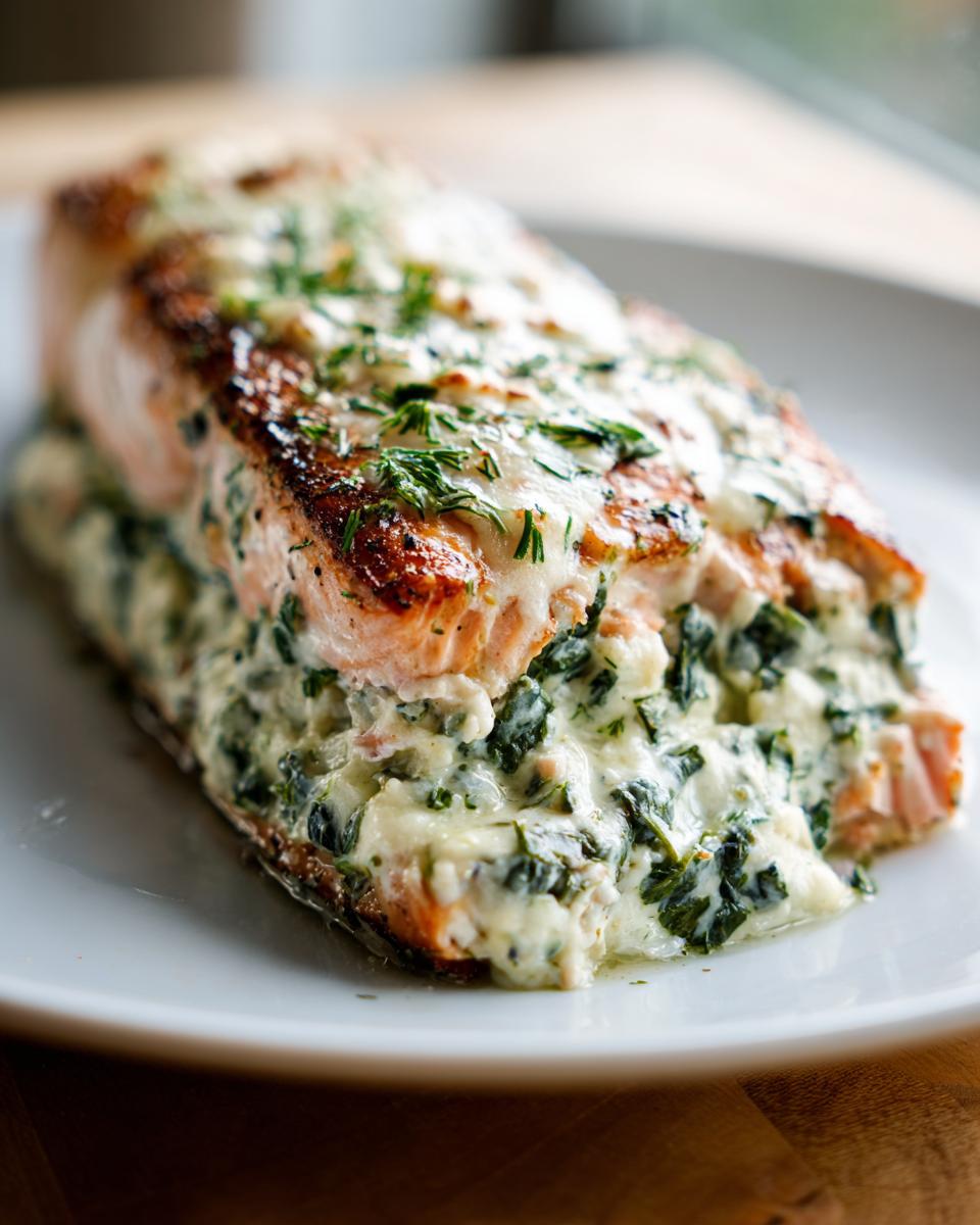 Close-up of a perfectly baked stuffed salmon fillet oozing creamy spinach filling.