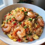 A close-up, bright photo of homemade shrimp fried rice featuring plump shrimp, scrambled egg, and colorful vegetables.