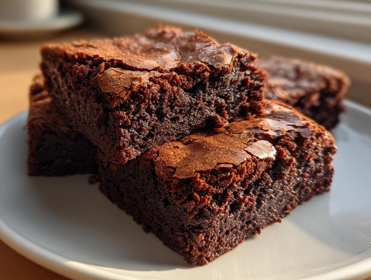 Close-up of fudgy, rich chocolate brownies with shiny tops stacked on a white plate, highlighting the texture of the brownies.