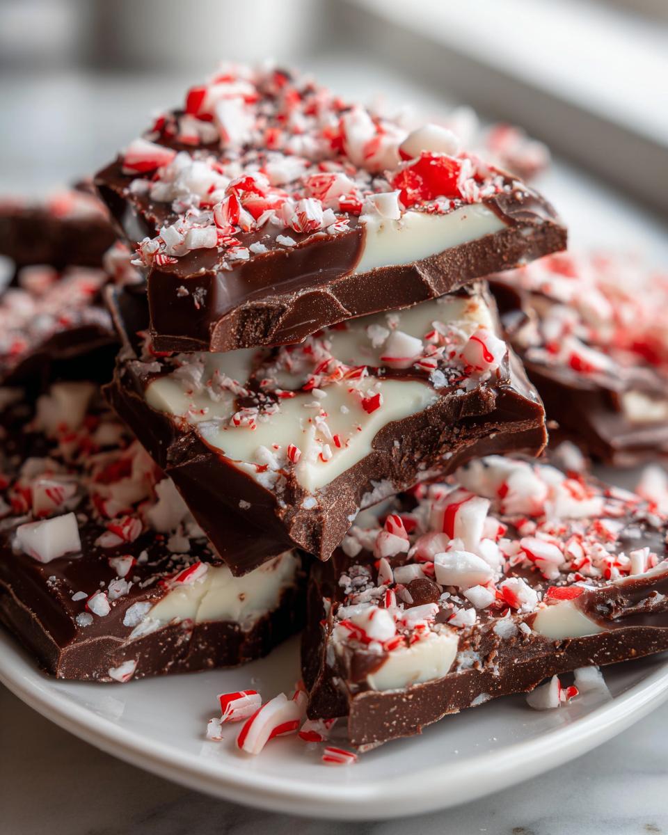 A close-up stack of broken pieces of homemade peppermint bark with dark chocolate, white chocolate, and crushed candy canes.