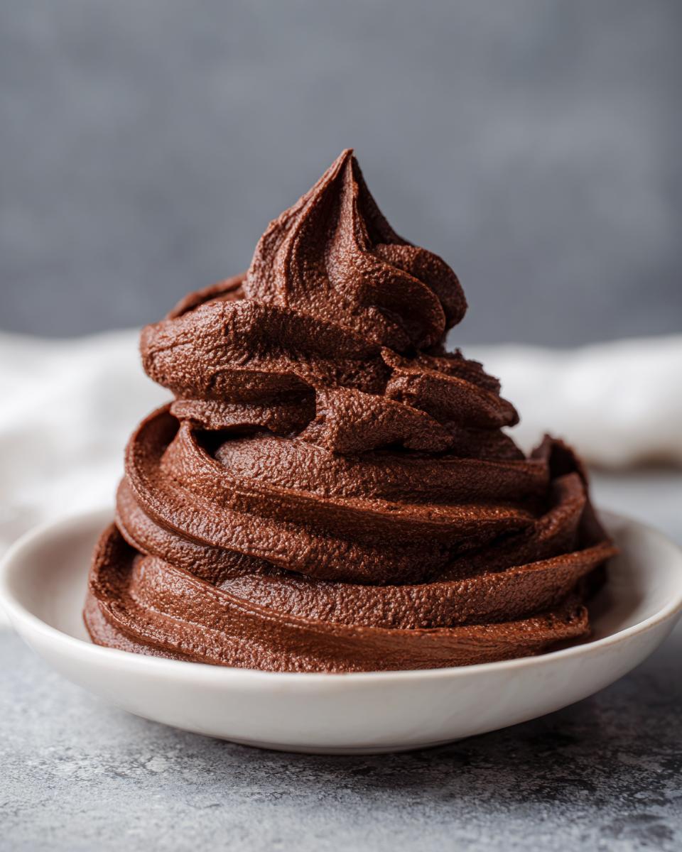 A tall, perfectly piped swirl of rich, dark brown chocolate frosting in a small white bowl.