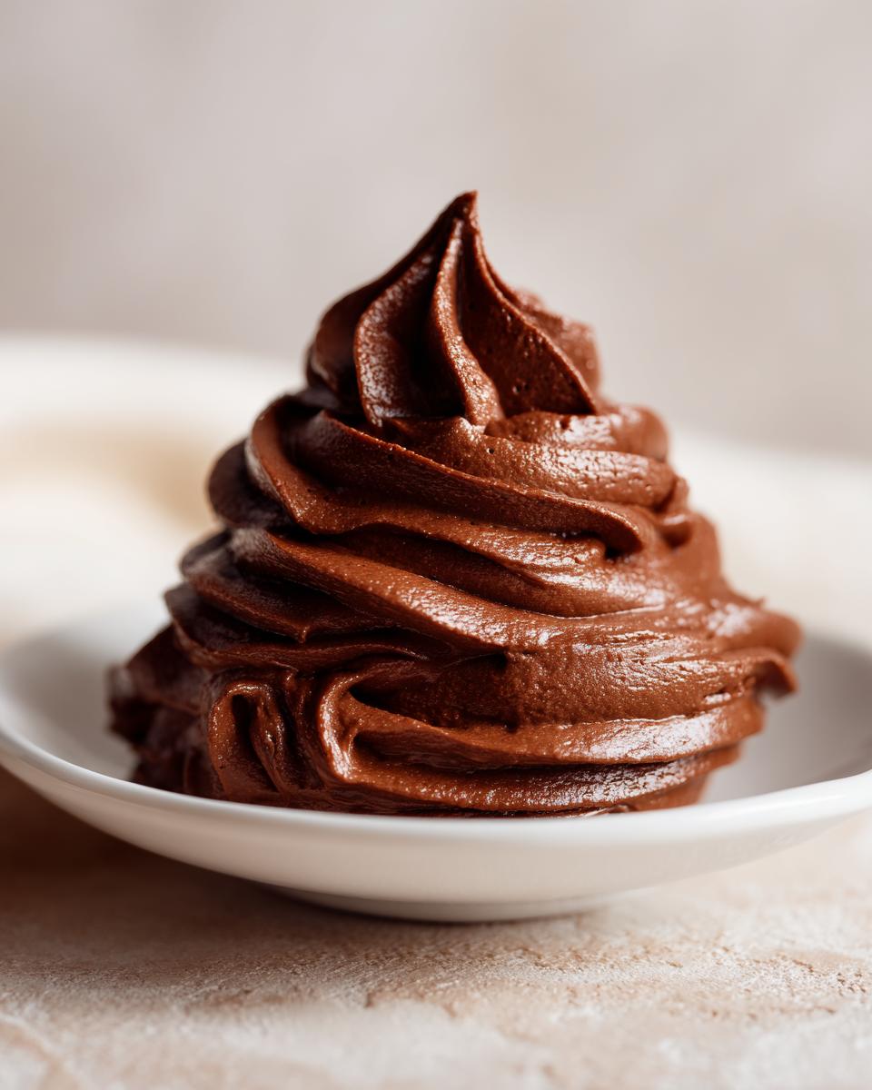 A beautiful swirl of rich, dark chocolate frosting piped onto a small white dish.