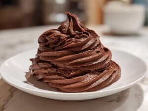 A tall, perfectly piped swirl of rich, dark chocolate frosting sits on a small white plate.