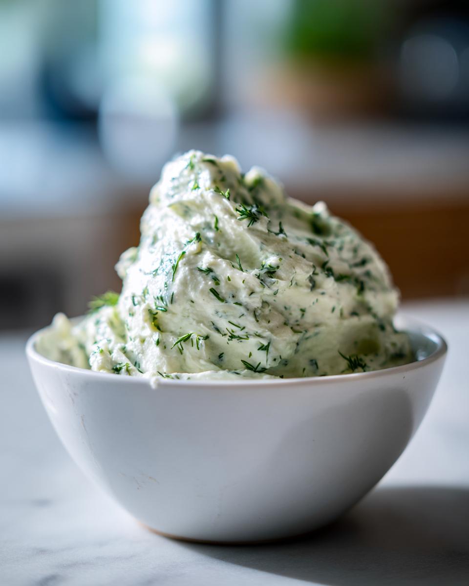 A close-up of a generous mound of creamy dill dip, flecked with fresh dill, served in a white bowl.