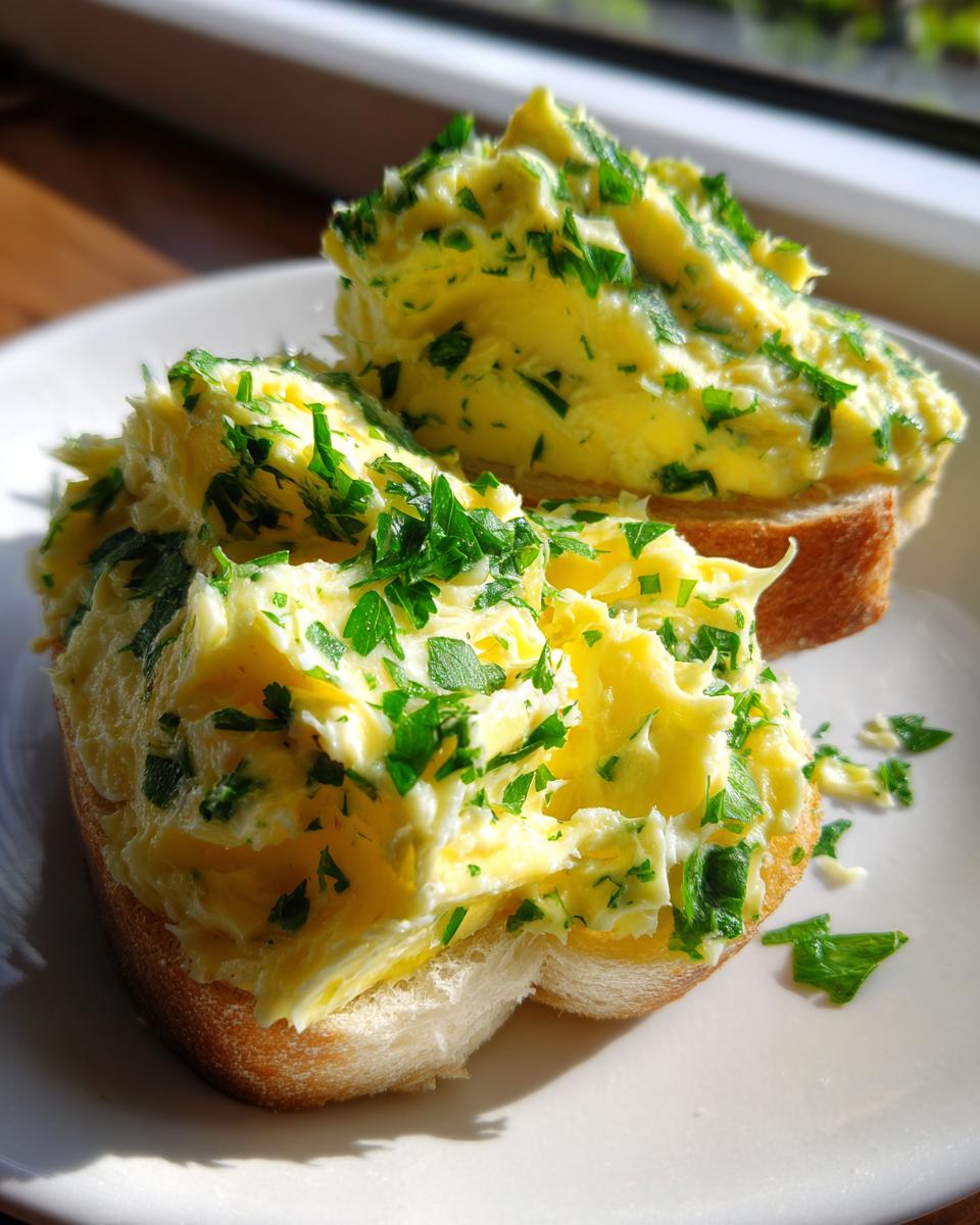 Two slices of bread generously topped with fluffy, bright yellow garlic butter mixed with chopped fresh parsley.