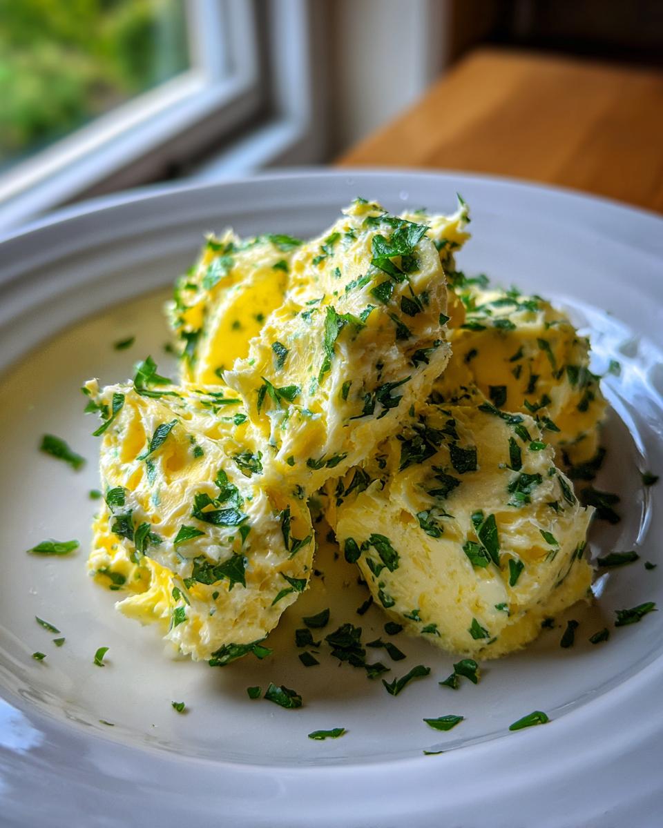 Three dollops of bright yellow garlic butter mixed with chopped green parsley on a white plate.