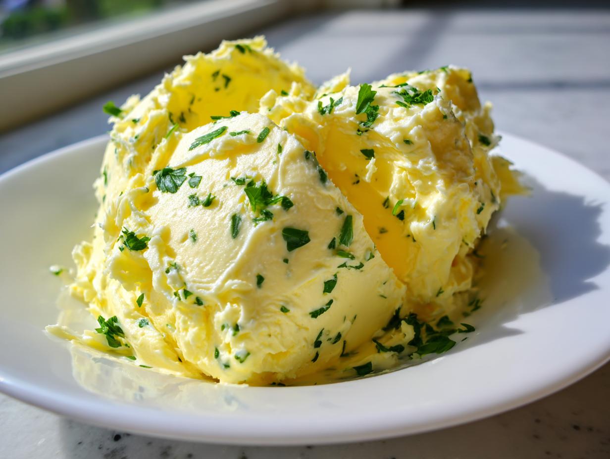A generous scoop of homemade garlic butter mixed with chopped green herbs, served on a white plate.