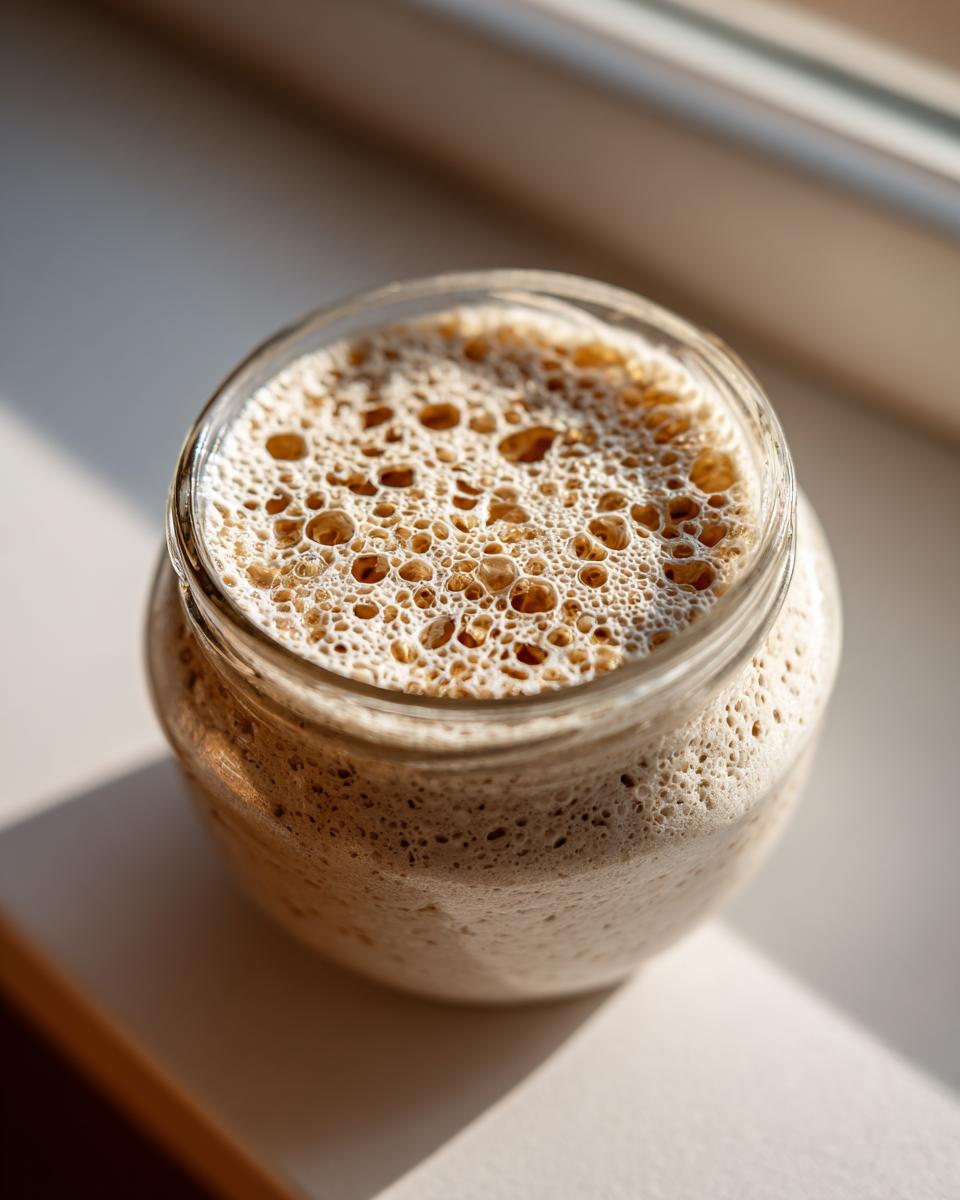 Overhead view of an active sourdough starter, visibly bubbly and frothy, resting in a clear glass jar on a sunlit windowsill.