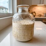 A visibly active sourdough starter, full of bubbles, resting in a large, textured glass jar on a white kitchen counter.