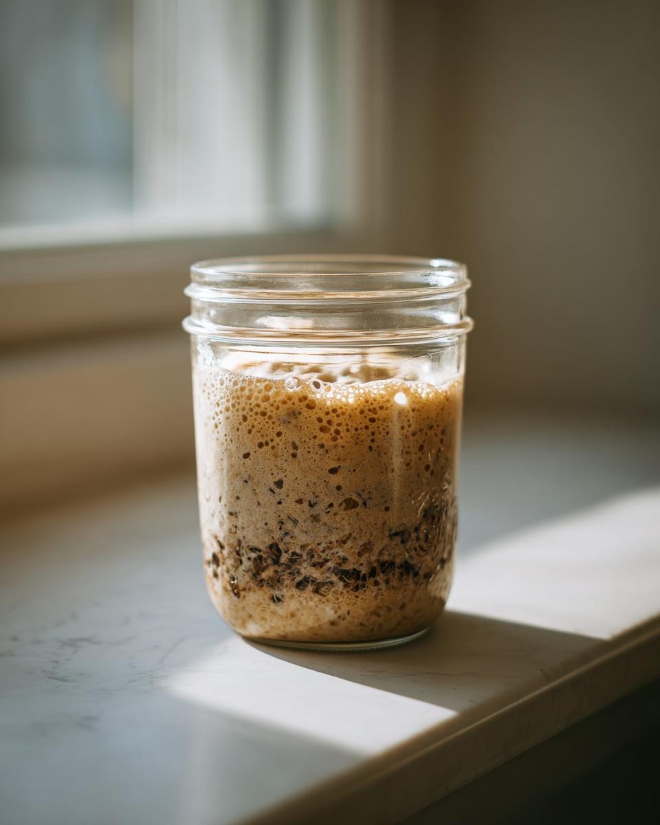 A bubbly, active sourdough starter in a glass jar sitting on a sunlit windowsill, showing fermentation.