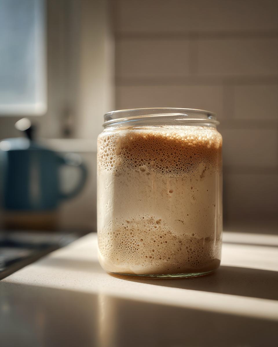 A highly active sourdough starter, full of bubbles and foam, resting in a clear glass jar on a counter.