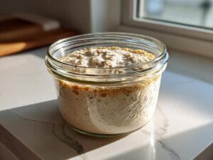 A highly active sourdough starter, visibly bubbly and risen, sits in a clear glass jar on a sunny countertop.