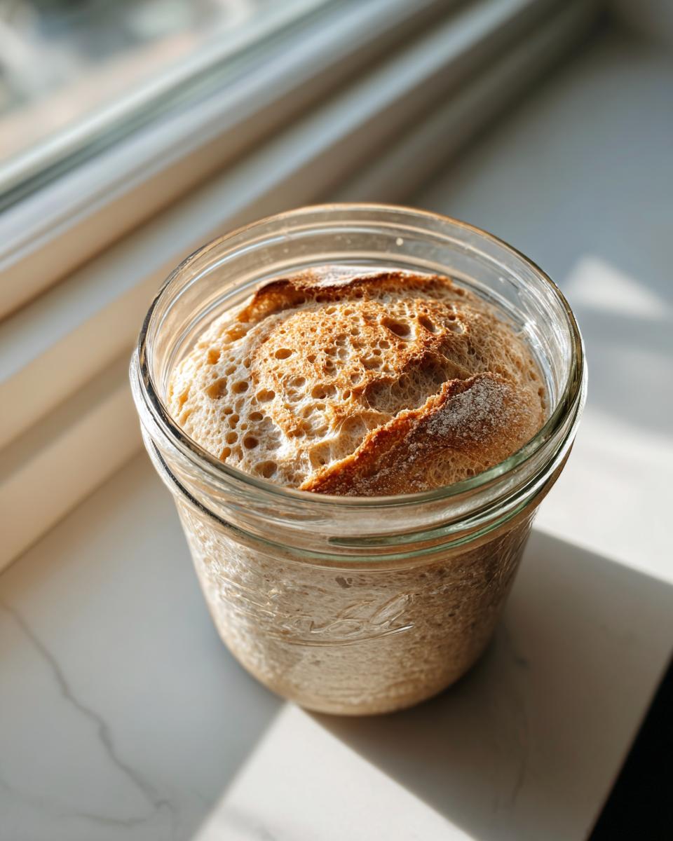 A highly active sourdough starter has risen and peaked over the rim of a clear glass jar, showing a bubbly, golden brown top.