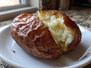 A perfectly cooked air fryer baked potato split open on a white plate, showing fluffy white interior.