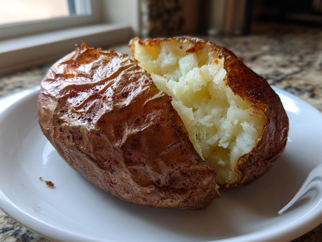 A perfectly cooked air fryer baked potato split open on a white plate, showing fluffy white interior.