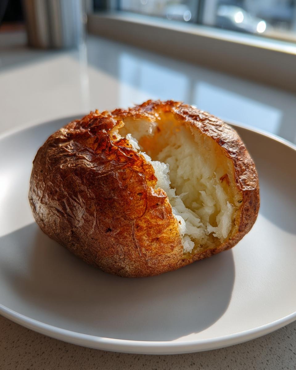 A single, perfectly cooked air fryer baked potato with a split top showing fluffy white interior and crispy brown skin.