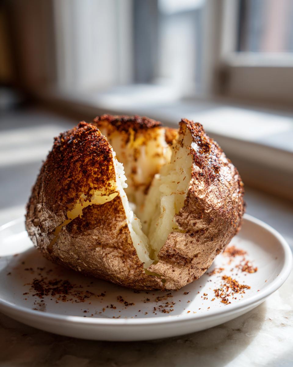 A perfectly cooked air fryer baked potato, split open to reveal fluffy interior and seasoned, crispy skin.