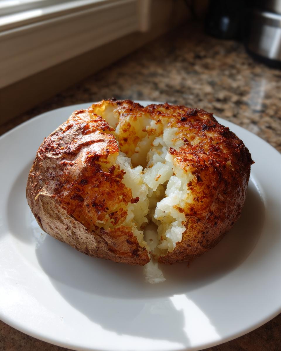 A single, perfectly cooked air fryer baked potato split open to show fluffy white interior and crispy brown skin.