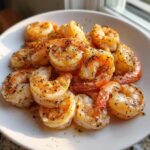 A white bowl filled with perfectly cooked air fryer frozen shrimp seasoned with black pepper and herbs.