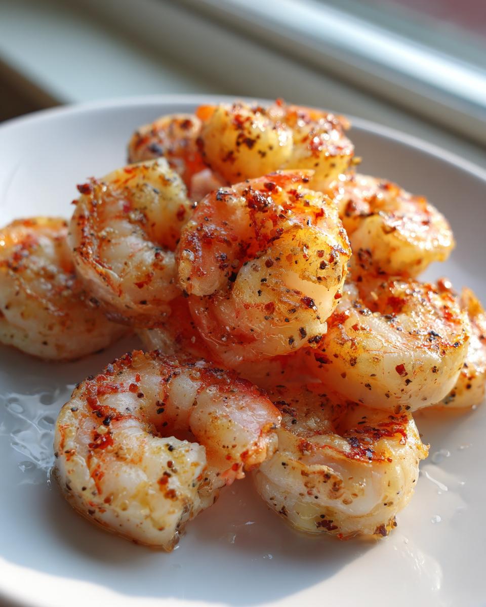 A close-up of perfectly cooked air fryer frozen shrimp seasoned with pepper and spices on a white plate.