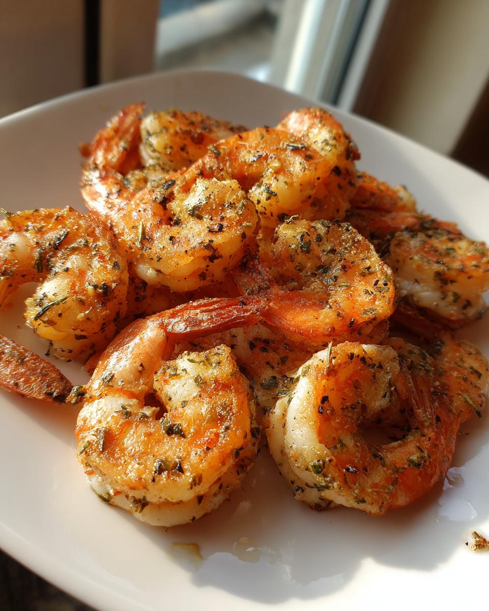 Close-up of seasoned, cooked air fryer frozen shrimp piled on a white plate, glowing in sunlight.