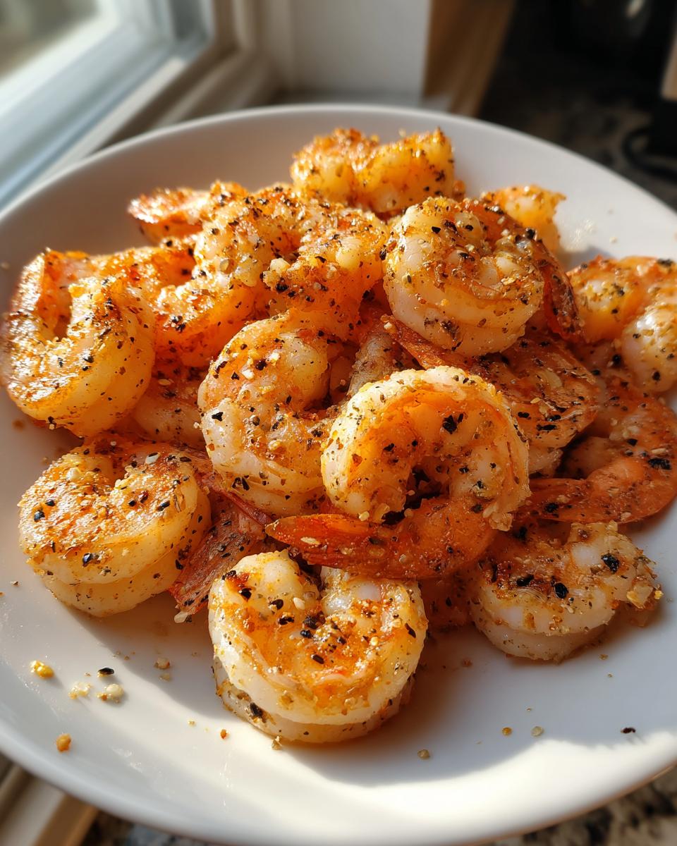A white plate piled high with perfectly cooked air fryer frozen shrimp seasoned with pepper and spices.