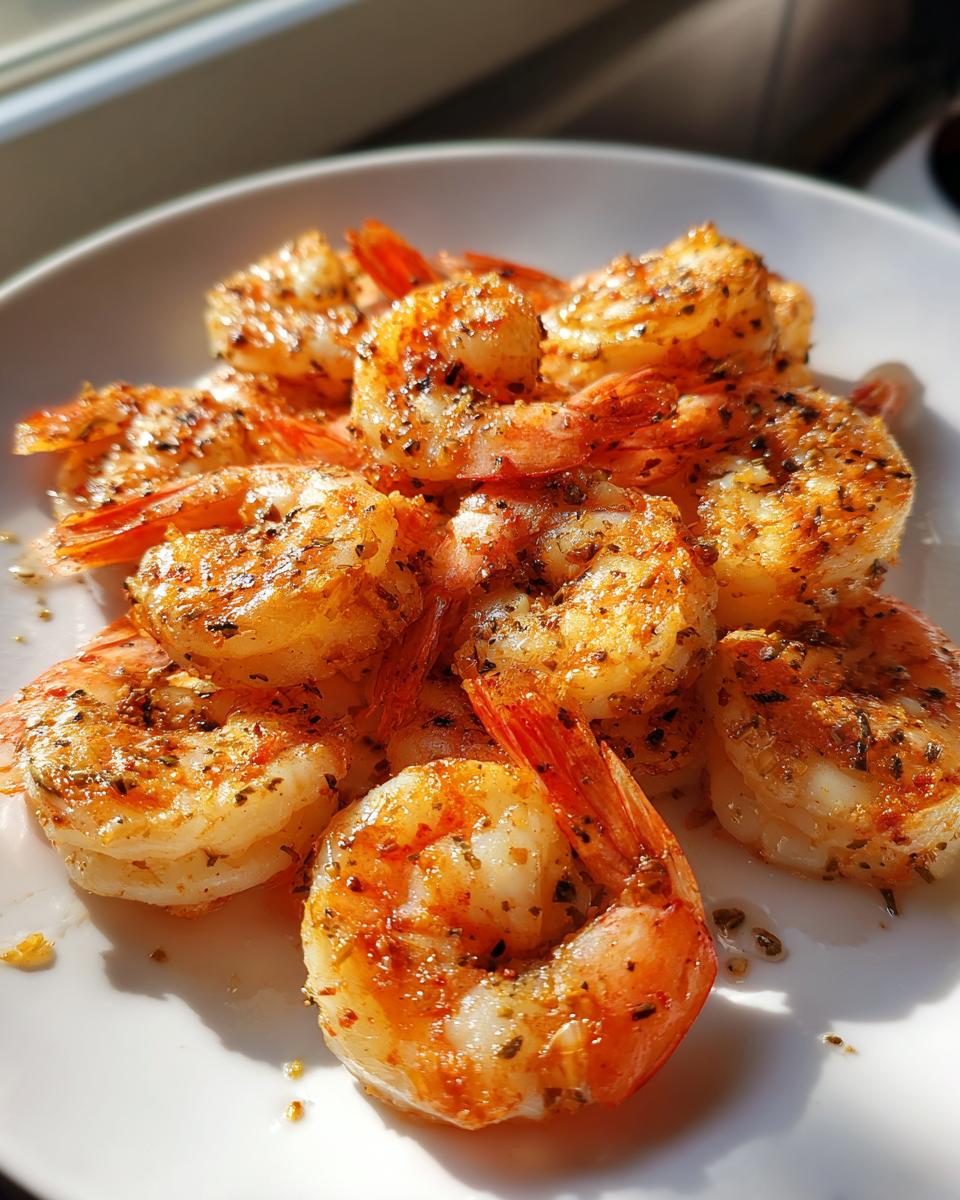 Close-up of seasoned, cooked air fryer frozen shrimp piled on a white plate, glistening in the sunlight.