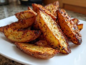 A close-up pile of golden brown, seasoned air fryer potato wedges stacked on a white plate.