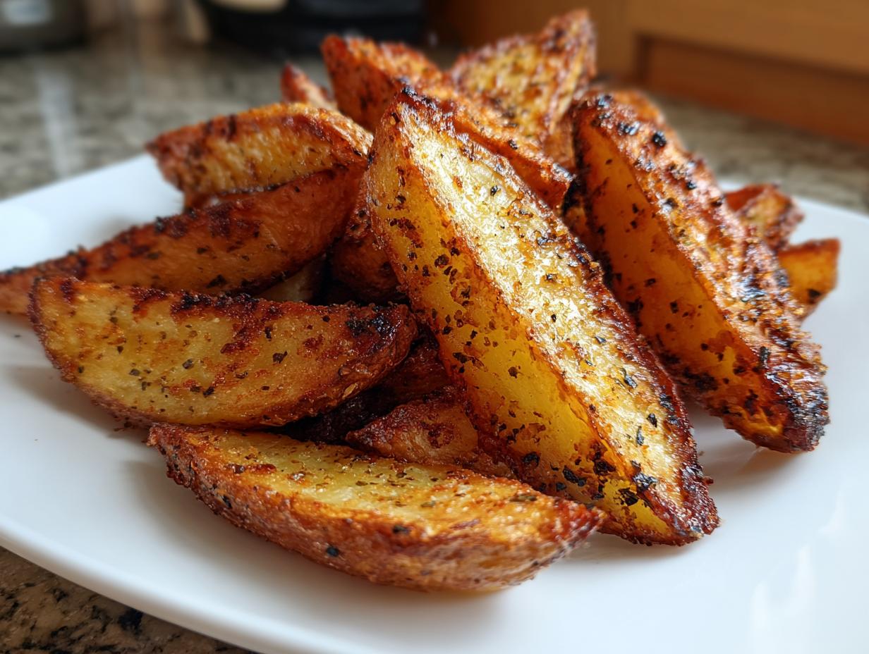 A close-up pile of golden brown, seasoned air fryer potato wedges stacked on a white plate.