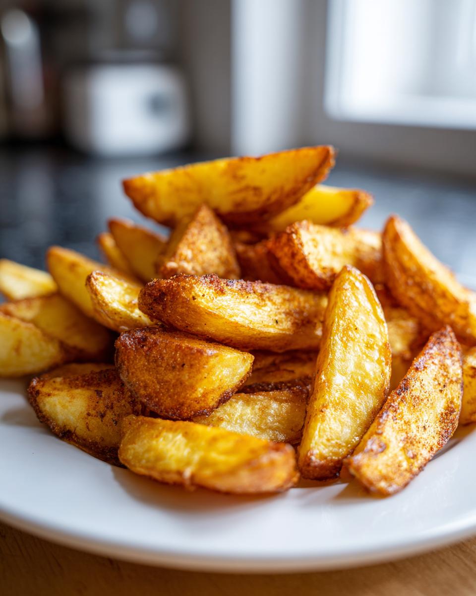 A close-up shot of a pile of perfectly cooked, golden brown air fryer potato wedges seasoned with spices.