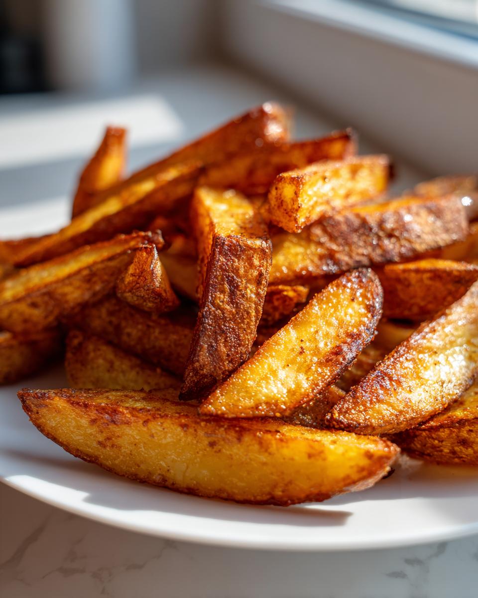 A close-up of perfectly cooked, golden brown air fryer potato wedges piled on a white plate.