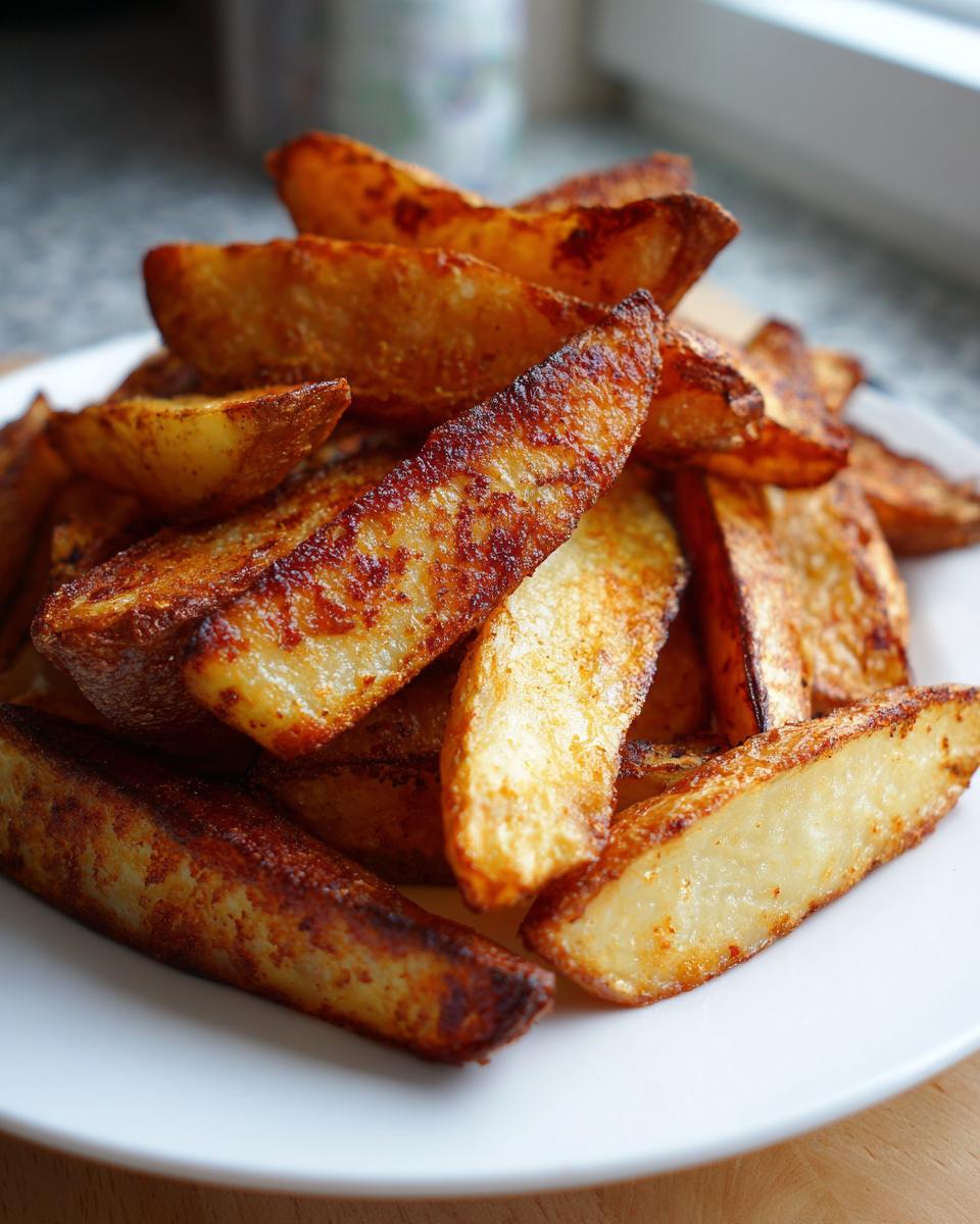 A close-up of a pile of golden brown, seasoned air fryer potato wedges served on a white plate.