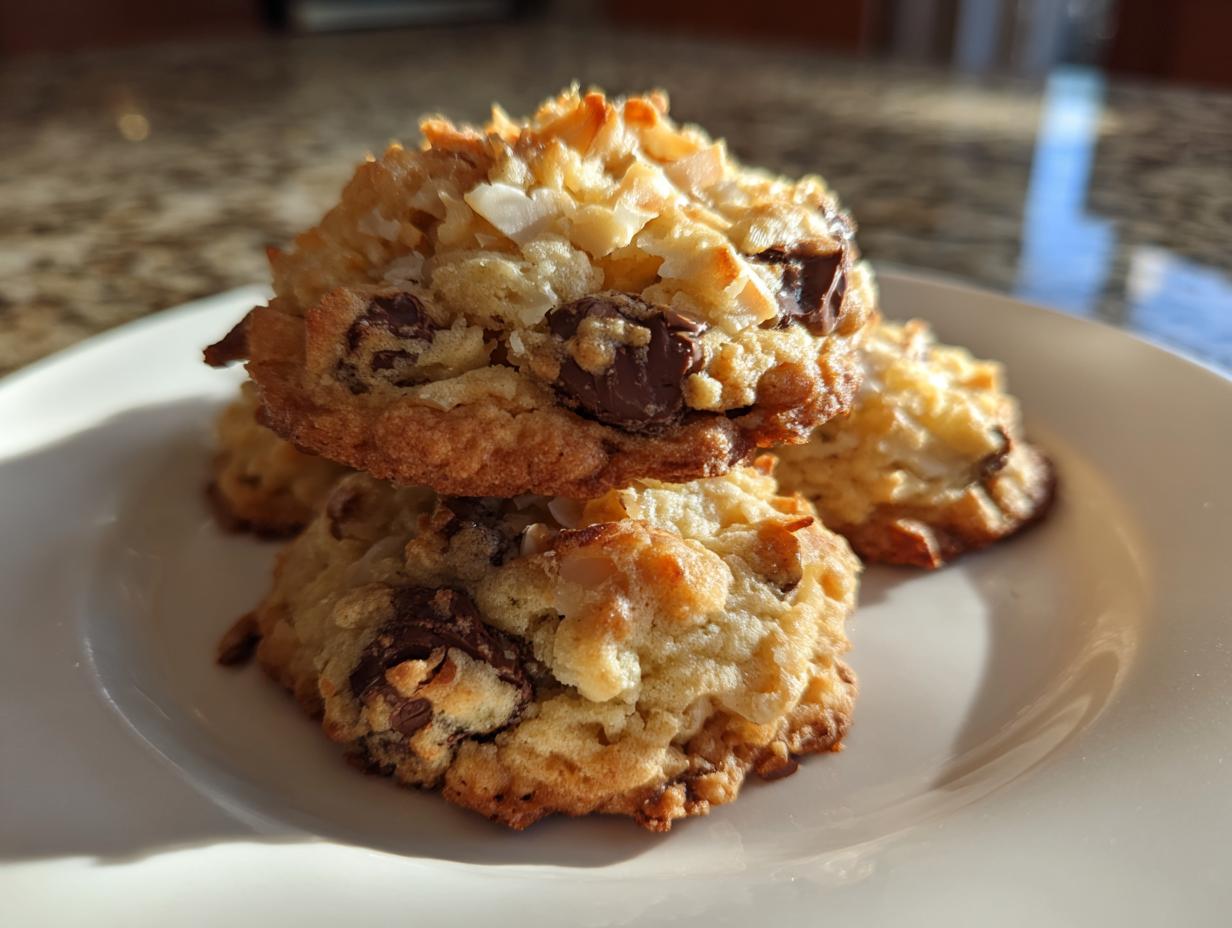 A stack of three golden brown Almond Joy cookies loaded with coconut and chocolate chunks on a white plate.