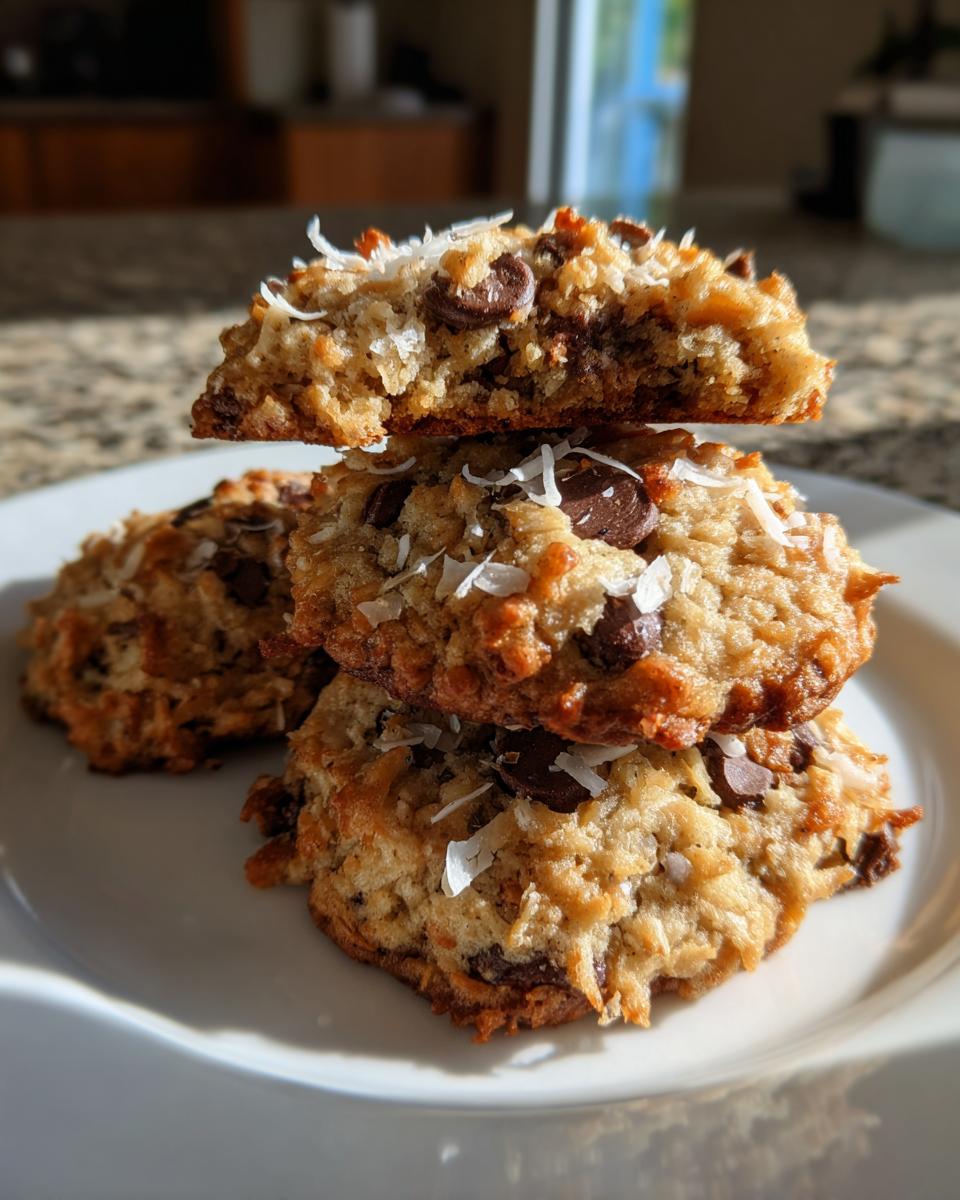 A stack of three homemade almond joy cookies topped with chocolate chips and shredded coconut, one broken in half.