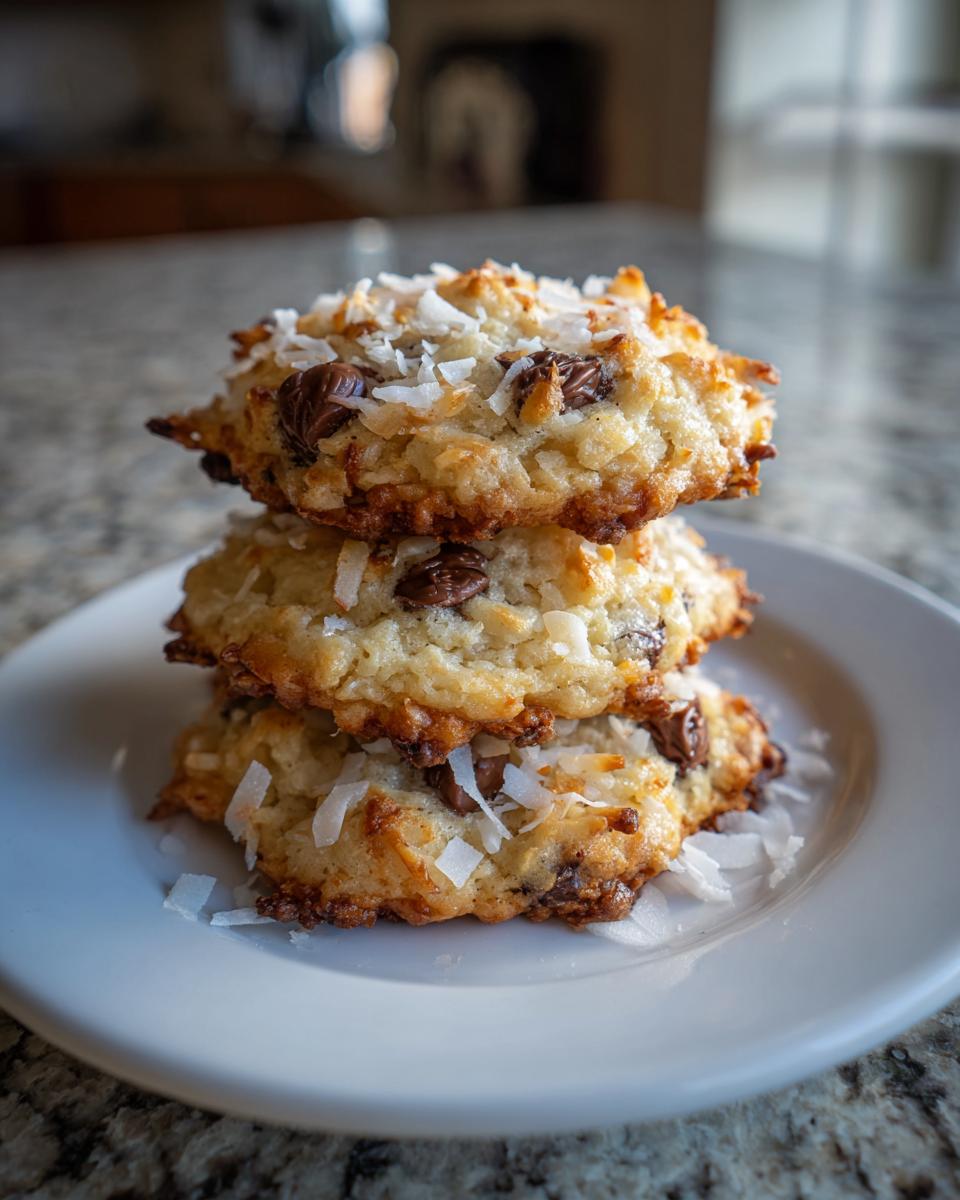 A stack of three golden brown almond joy cookies topped with shredded coconut and chocolate chips.