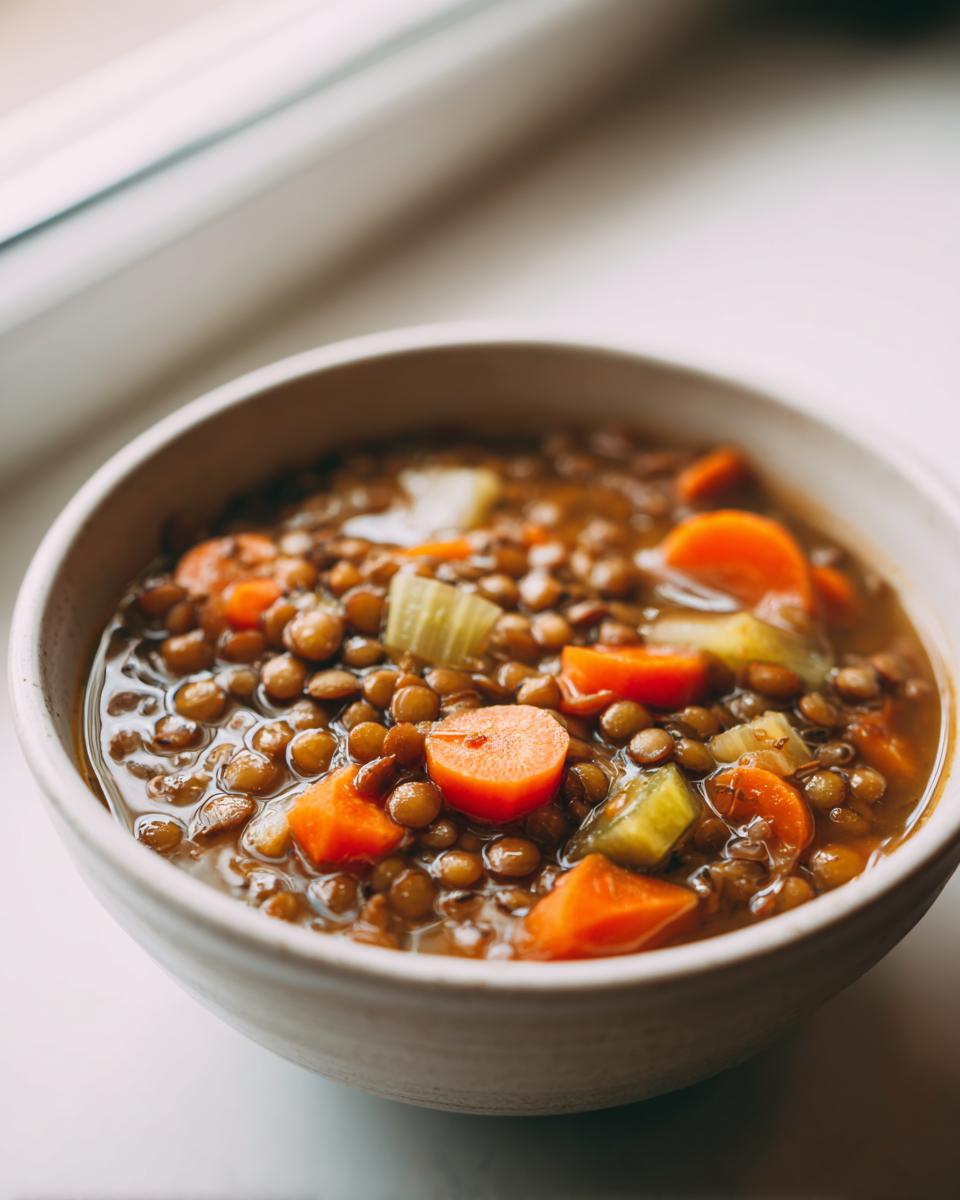 Close-up of a hearty bowl of lentil soup featuring brown lentils, bright orange carrots, and celery chunks.