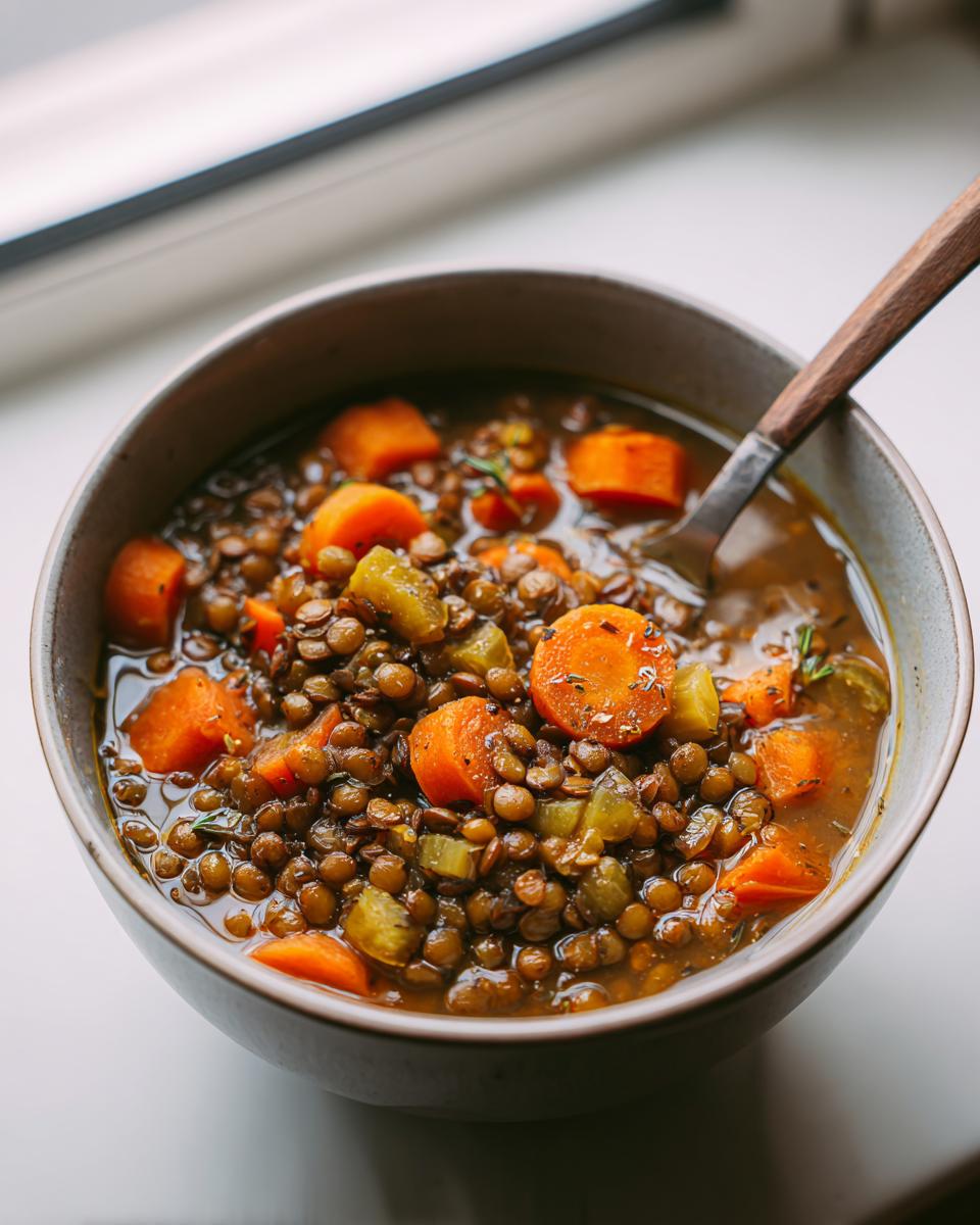 Close-up of a rustic bowl filled with rich lentil soup featuring large chunks of carrots and celery.